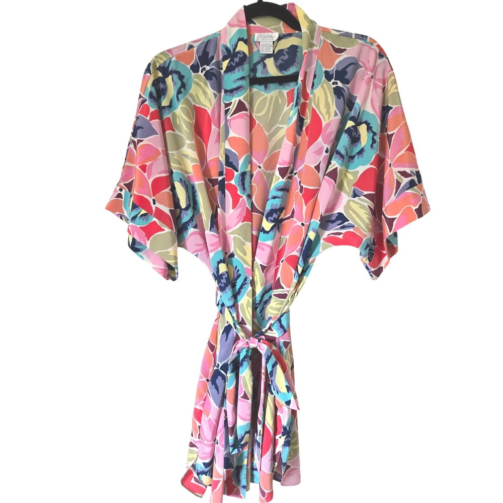 Fantasies by Morgan Taylor Satin Floral Kimono Robe Multi Color One Size Belted